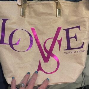 Victoria's Secret Gold Tote with Pink and Purple Accents